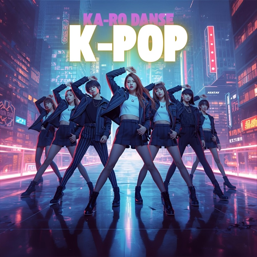Affiche du cours de K-Pop KA.RO Danse : groupe de danseurs dans une ville néon